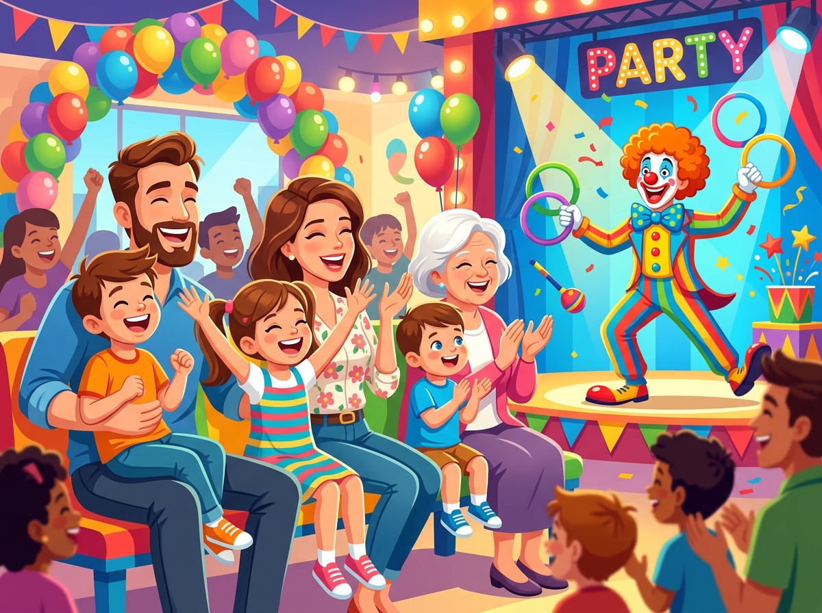 Familia feliz viendo show de Blim Blim